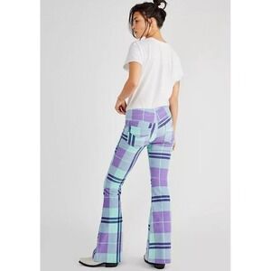 Free People PULL ON CORDUROY PRINTED FLARE PLAID Pants Women 31 TURQUOISE